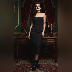 Vintage Charlotte Russe Strapless Pinstripe Bodycon Midi Dress Black White S 🖤